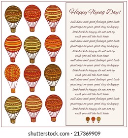 Greeting card with sample text and set of hand drawn air balloons. Vector illustration.