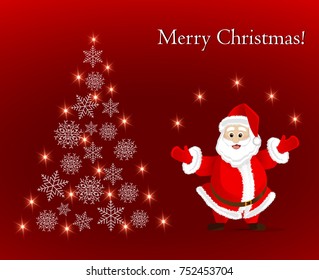 Greeting card with Santa Claus and abstract Christmas tree of snowflakes