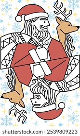 greeting card Santa Claus with bag and reindeer