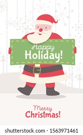 Greeting card with Santa Claus and banner on holiday backrground. Christmas character cartoon style for banner, tag, decoration, web site, calendar, cover, flyer, brochure, poster, invitation. 10 eps