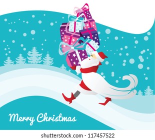 Greeting card of Santa Claus carrying Christmas presents