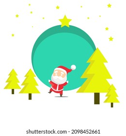 Greeting card with santa claus decorating christmas tree on snow forest background. Vector illustration