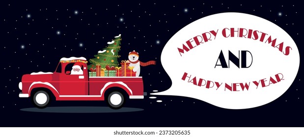 Greeting card with Santa Claus driving car with Christmas tree a