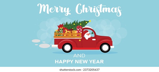 Greeting card with Santa Claus driving car with Christmas tree a