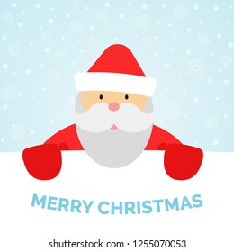Greeting card with Santa Claus and falling snow. Merry Christmas background. Vector illustration
