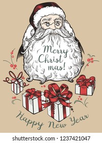 Greeting card with Santa Claus, gift boxes and lettering "Merry Christmas! Happy New Year" on it. Hand drawn ink vector illustration