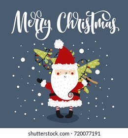 Greeting Card with Santa Claus. Merry Christmas Hand drawn lettering.