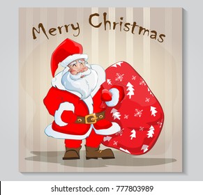 greeting card with Santa Claus in red coat with bag of gifts on a beige background with stripes