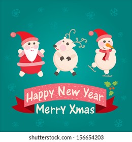 greeting card with Santa Claus, snowman and reindeer