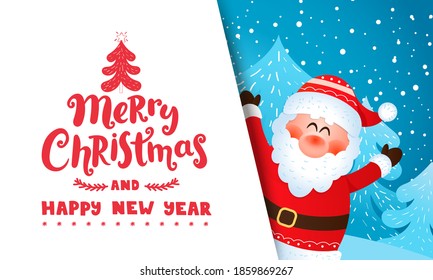 Greeting card from Santa Claus, wishing merry christmas and happy New Year and inviting to new season 2021.Banner,flyer for seasonal holidays with place for text. Vector illustration.