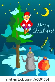 Greeting card with Santa Claus and wolf