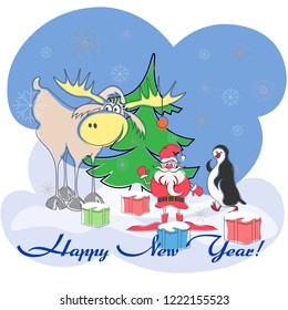 greeting card with santa, elk, penguin, christmas tree, gifts of happy new year