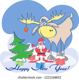 Greeting card with Santa, moose, tree, presents a happy new year