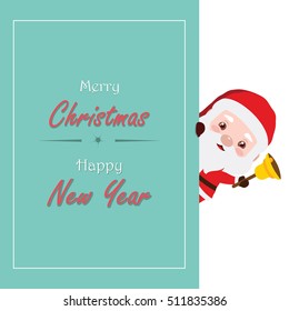 Greeting card with Santa peeking out and holding a bell