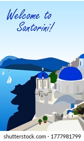 Greeting card with Santorini. Greece island poster, vector illustration