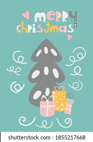 Greeting card in scandinavian style with Christmas tree on blue background. Vector. Kids illustration for DIY, greeting card, wrapping paper. Lettering Merry Christmas.