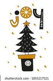 Greeting card in scandinavian style with Gold Christmas tree on white background. Vector. Kids illustration for DIY, greeting card, wrapping paper. Lettering Joy.