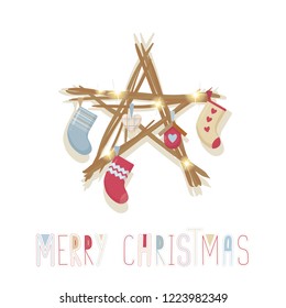 Greeting card in scandinavian style with lettering and Christmas decorations