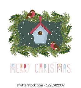 Greeting card in scandinavian style with two little birds, nesting box, Christmas tree branches and decorative lettering