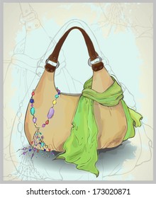 Greeting card with a scarf, a bag and costume jewelry. Illustration of a scarf, bag and costume jewelry. 