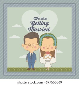 greeting card of scene sky landscape with decorative frame of just married couple bride with brown long hair and groom with glasses