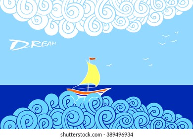 Greeting card, in the sea boat on the waves, banner, tourism advertising, vacation
