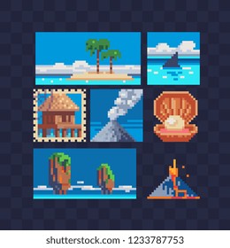 Greeting card. Sea landscape. Beautiful nature landscape pixel art postcard. Vacation Holiday Tropical Ocean Island With Palm Tree. 8-bit. Seascape, pearl and tent vector illustration.