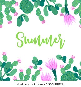 Greeting card with seamless border - blooming opuntia and other cactuses. Perfect for summer holiday invitation.