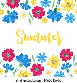 Greeting card with seamless border - cornflower, poppy, chamomile. Perfect for summer holiday invitation.