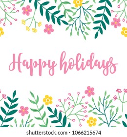 Greeting card with seamless border - flowers and branches. Perfect for summer holiday invitation.