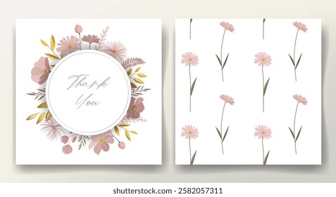 Greeting card and seamless pattern with golden leaves and gentle meadow flowers. Botanical template. Floral frame