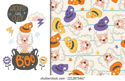 Greeting card and seamless pattern of Halloween vector cute cartoon poodle illustrations. Wicked little cute dog for Halloween celebration, 31st October party. Perfect for children kids pets apparel.