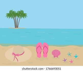 Greeting card seascape summer slates hat starfish shell vector illustration