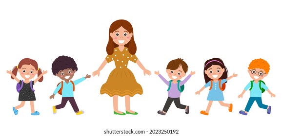 greeting card from September 1 with hand lettering Back to school. Cheerful children with backpacks and a happy teacher. knowledge day concept. vector illustration isolated on white background