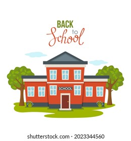 greeting card with September 1 and hand lettering Back to school. Red school building against the background of trees and trees. icon. vector illustration isolated on white background