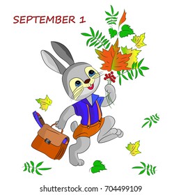 Greeting card of September 1, happy hare, cartoon on a white background.vector