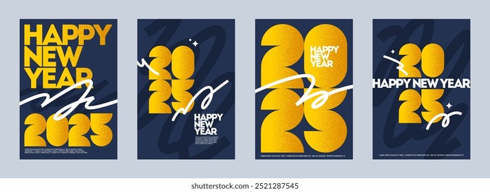 Tarjeta de felicitación con el logotipo de año nuevo 2025. Diseño de Festiva con número de año. Diseño con textura granulada y líneas de squiggle. Ilustración vectorial para la tarjeta de felicitación, invitación, cubierta, cartel, calendario