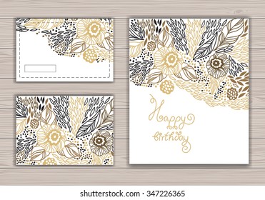 Greeting card set with abstract background with contour drawing of flowers. Vector illustration.  Place for text. Easy to edit.