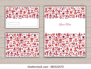 Greeting card set with abstract background with contour drawing of flowers . Vector illustration.  Place for text. Easy to edit