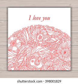 Greeting card set with abstract background with red contour drawing of flowers . Vector illustration.  Place for text. Easy to edit