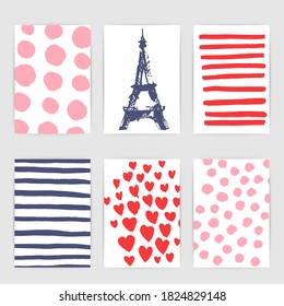 Greeting card set with abstract textures and eiffel tower. Stripes, circles, dots, heart shapes in grey, pink and red. For wall art, motivational poster, fashion design. 