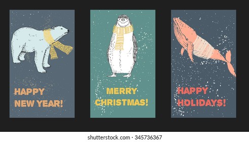 Greeting card set with animals"Merry christmas" , "Happy new year" and "Happy holidays". Vector illustration.