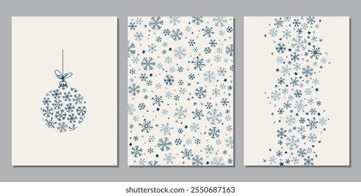 Greeting card set with Christmas decorative snowflake shapes. Doodle vector illustration.