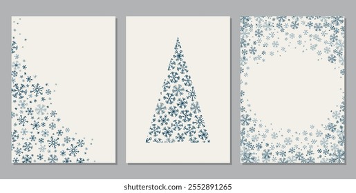 Greeting card set with Christmas trees and snowflake frames. Doodle vector illustration.