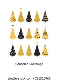 Greeting card with set of Christmas trees in black and golden colors