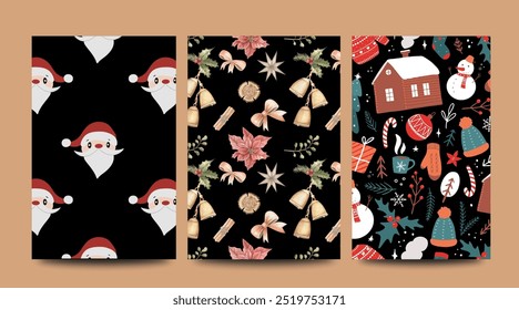 Greeting card set with cute Christmas patterns on a black background. Celebration, Christmas greeting card, winter season, holiday season.