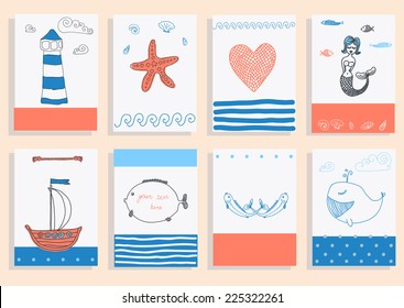 greeting card set cute retro sea objects collection. vector illustration