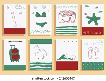 greeting card set cute retro sea objects collection. vector illustration