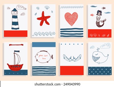 greeting card set cute retro sea objects collection