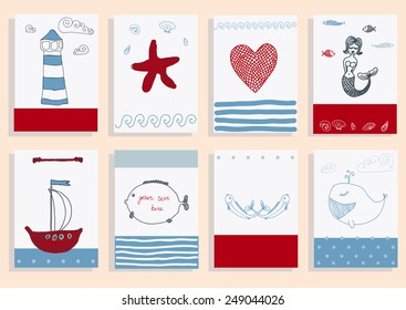 greeting card set cute retro sea objects collection. vector illustration